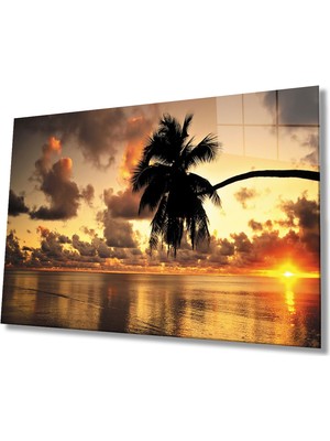 Gün Batımı Palmiye Deniz Manzarası Cam Tablo 36X23-MIYREM