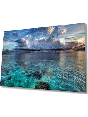 Gün Batımı Deniz Bulut Mavi Cam Tablo  36X23-MIYREM