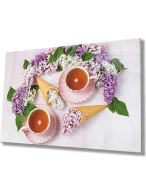 Çiçekler ve Fincanda Çay Cam Tablo 36X23-MIYREM