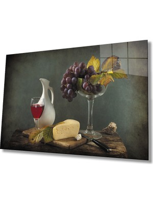 Üzüm Peynir Kadeh Natürmort Cam Tablo 36X23-MIYREM