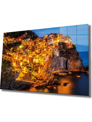 Dağ Işıklı Evler Cam Tablo Mountain Houses  36X23-MIYREM
