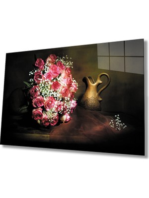 Pembe Beyaz Güller Natürmort Cam Tablo  36X23-MIYREM