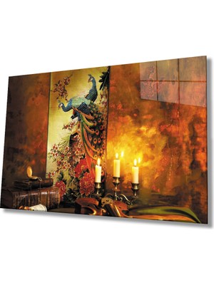 Tavus Kuşu Mum Saat Cam Tablo 36X23-MIYREM