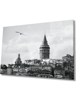 Istanbul Siyah Beyaz Galata Kulesi Cam Tablo  36X23-MIYREM