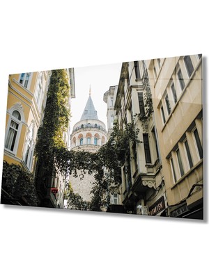 Istanbul Sarmaşıklı Sokak ve Galata Manzaralı Cam Tablo 36X23-MIYREM