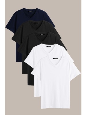 Mmetalic Metalıc  Erkek Çok Renkli T- Shirt Regular Fit Rahat Kesim V Yaka 5'li Basic Tişört Paketi