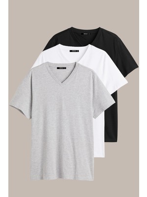 Mmetalic Metalıc Erkek Çok Renkli T- Shirt Regular Fit Rahat Kesim V Yaka 3'lü Basic Tişört Paketi