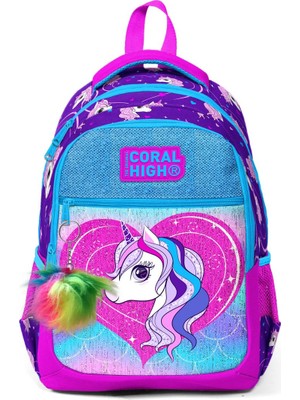 Coral High Üç Bölmeli Mor Pembe Unicorn Desenli Simli Okul Sırt Çantası