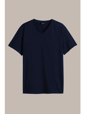 Mmetalic Erkek Lacivert Slim Fit Pamuklu Kısa Kollu V Yaka T-Shirt