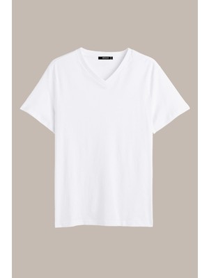 Mmetalic Erkek Beyaz Slim Fit Pamuklu Kısa Kollu V Yaka T-Shirt