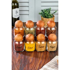 Fbz Home Etiketli 8'li Ahşap Top Kapaklı 300 ml Cam Baharatlık Çerezlik Şekerlik Seti