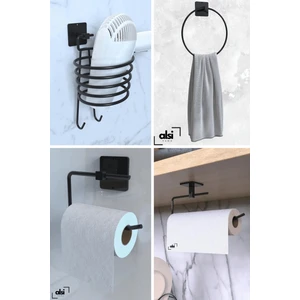 Alsi Home Yapışkanlı 4 lü Siyah Fön Makinesi Askısı Rulo Havluluk Wc Tuvalet Kağıtlık Yuvarlak Havluluk Seti