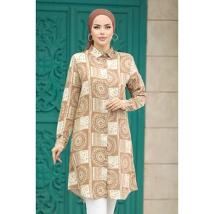 Neva Style Desenli Kahverengi Tesettür Viskon Tunik 11664KH