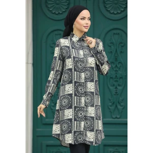 Neva Style Desenli Siyah Tesettür Viskon Tunik 11664S