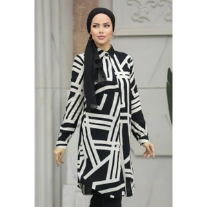 Neva Style Desenli Siyah Tesettür Viskon Tunik 11666S