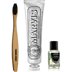 Bambu Diş Fırçası + Marvis Smokers Whitening Mint Diş Macunu 85 ml + Konsantre Ağız Gargarası 30 ml