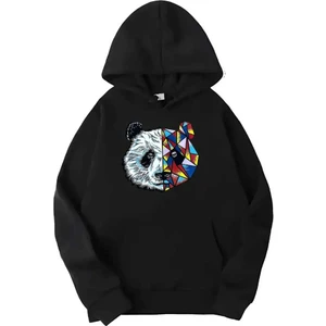Siyah Panda Baskılı Kapüşonlu Sweatshirt