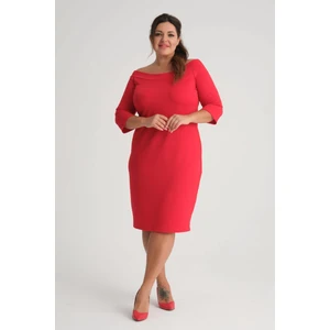 Kadın Kırmızı Carmen Yaka Truvakar Kol Büyük Beden Esnek Krep Elbise