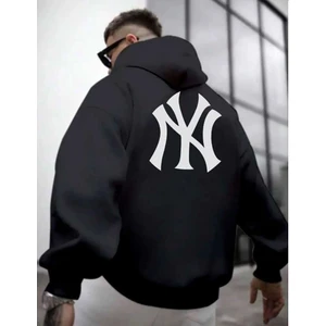 Erkek Siyah Ön Arka Ny Baskılı Kapüşonlu Sweatshirt
