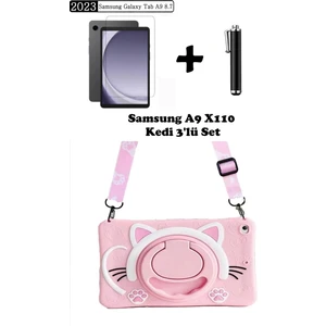 TEKNETSTORE Samsung Galaxy Tab A9 8.7 (2023) SM-X110 Uyumlu Kedi Çocuk Kılıfı Askılı Stand Eğlenceli 3'lü Set