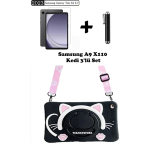 TEKNETSTORE Samsung Galaxy Tab A9 8.7 (2023) SM-X110 Uyumlu Kedi Çocuk Kılıfı Askılı Stand Eğlenceli 3'lü Set