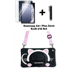 TEKNETSTORE Samsung Galaxy Tab A9 Plus 11 (2023) SM-X210 Uyumlu Kedi Çocuk Kılıfı Askılı Stand Eğlenceli 3lü Set