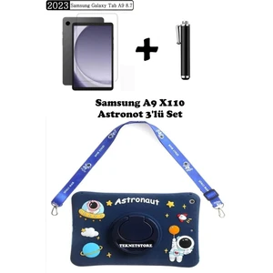 Samsung Galaxy Tab A9 8.7 (2023) SM-X110 Uyumlu Astronot Çocuk Kılıf Askılı Stand Eğlenceli 3'lü Set