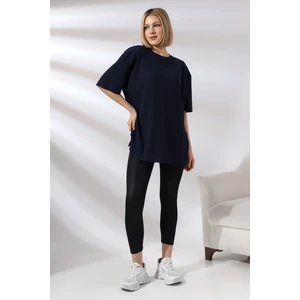 Oversize Yırtmaçlı Raporlu Tunik T-Shirt 21493 Lacivert