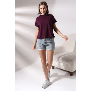 Dik Yaka Pamuklu T-Shirt 19588 Mor