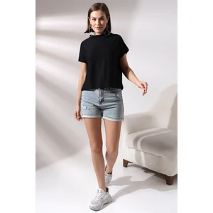 Dik Yaka Pamuklu T-Shirt 19588 Siyah