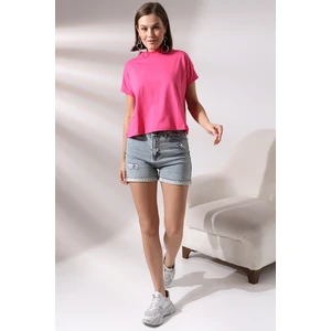 Dik Yaka Pamuklu T-Shirt 19588 Açık Fuşya