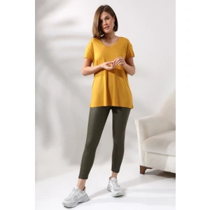 Salaş V Yaka Kısa Kol T-Shirt 19410 Hardal