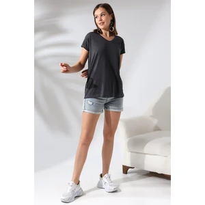 Salaş V Yaka Kısa Kol T-Shirt 19410 Antrasitmelanj