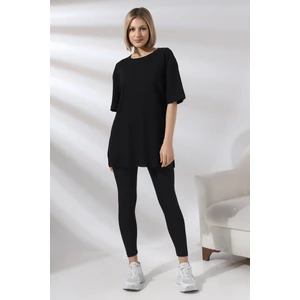 Oversize Yırtmaçlı Raporlu Tunik T-Shirt 21493 Siyah