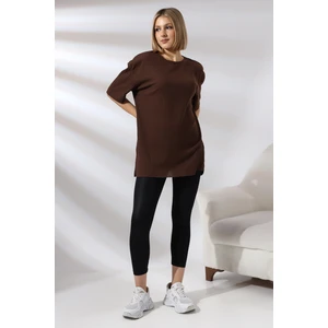 Oversize Yırtmaçlı Raporlu Tunik T-Shirt 21493 Kahve