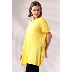 Kolları Katlamalı Yanları Yırtmaçlı Salaş T-Shirt 19598 Açık Sarı