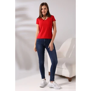 Pamuklu V Yaka Kısa Kol Basic T-Shirt 21043 Kırmızı