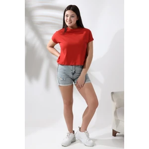 Dik Yaka Pamuklu T-Shirt 19588 Kiremit