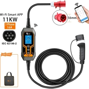 16A 3 Faz Tip 2 Şarj Kablosu 11KW Wıfı-App Özellikli 5m Ev Şarj Cihazı Elektrikli Araç Şarj Kablosu Cee Fişli, Değiştirilebilir Akım 8/10/13/16A, IP67