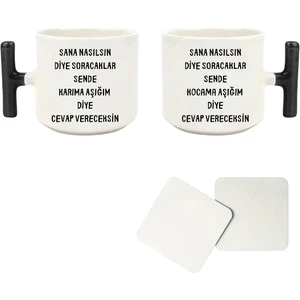 Baskı Tech Karıma Kocama Aşığım Diyeceksin Baskılı T Kulp Kupa Seti İkili (Bardak Altı Hediyeli)