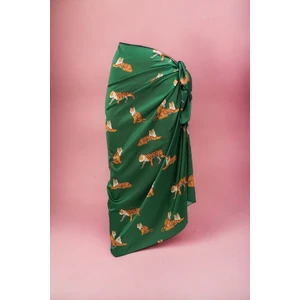 Yeşil Kaplan Desenli Uzun Pareo Saten Iç Göstermez Kadın Plaj Elbisesi Yeni Sezon