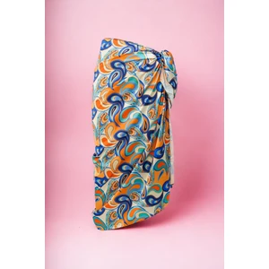 Turuncu Mavi Etnik Desenli Uzun Pareo Saten Iç Göstermez Kadın Plaj Elbisesi Yeni Sezon