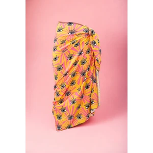 Sarı Pembe Göz Desenli Uzun Pareo Saten Iç Göstermez Kadın Plaj Elbisesi Yeni Sezon