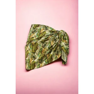 Yeşil Monstera Desenli Kısa Pareo Saten Iç Göstermez Kadın Plaj Elbisesi Yeni Sezon