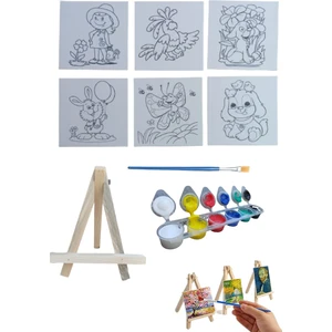 Mini Şövale Çizimli Resim Başlangıç Seti, Akrilik Boya, Fırça, Şövale Çocuk Hediye Ressam Seti