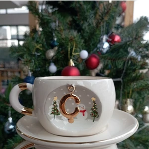 Bsk Ceramics Handmade Harfli Seramik Çay Kahve Fincan Yılbaşı Hediyelik Kupa Kardan Adam Çam Ağacı  Ç Harfi