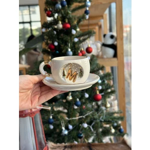 Bsk Ceramics Handmade Harfli Seramik Çay Kahve Fincan Yılbaşı Hediyelik Kupa Kardan Adam Çam Ağacı  M Harfi