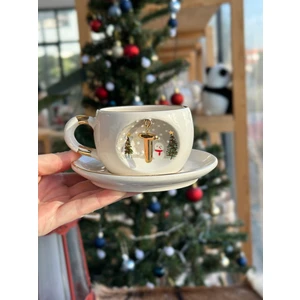 Bsk Ceramics Handmade Harfli Seramik Çay Kahve Fincan Yılbaşı Hediyelik Kupa Kardan Adam Çam Ağacı T Harfi