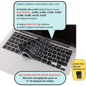 Macbook Klavye Air Pro Koruyucu (US to TR) (Eski USB'li Model 2008-2017) ile Uyumlu