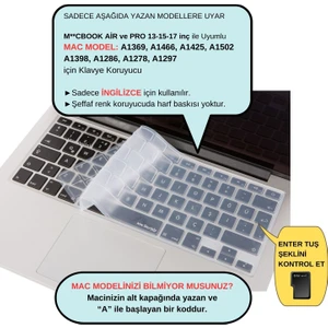 Macbook Klavye Koruyucu Air Pro (UK-EU İngilizce) (Eski USB'li Model 2008/2017) ile Uyumlu
